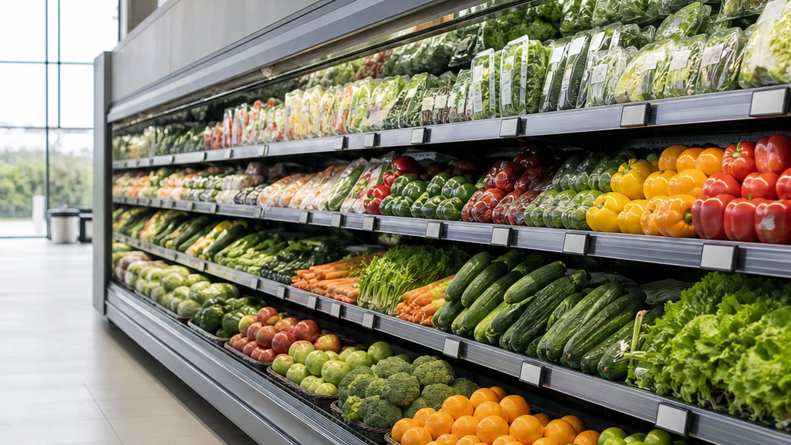 Etiquetas eletrônicas de preço na seção de hortifrúti de um supermercado